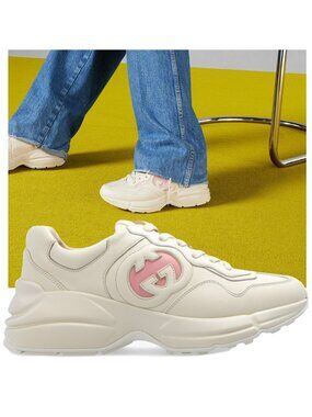 GUCCI SNEAKERS RHYTON IVORY LEATHER CUTOUT LOGO SHOES sz 41.5 11.5